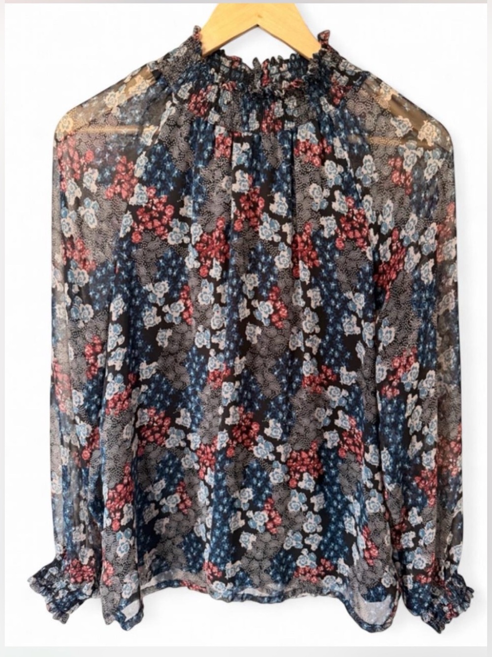 Sheer Floral Smocked-Neck Blouse in Navy and Red